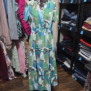 Elegant Blue and Green Maxi Dress